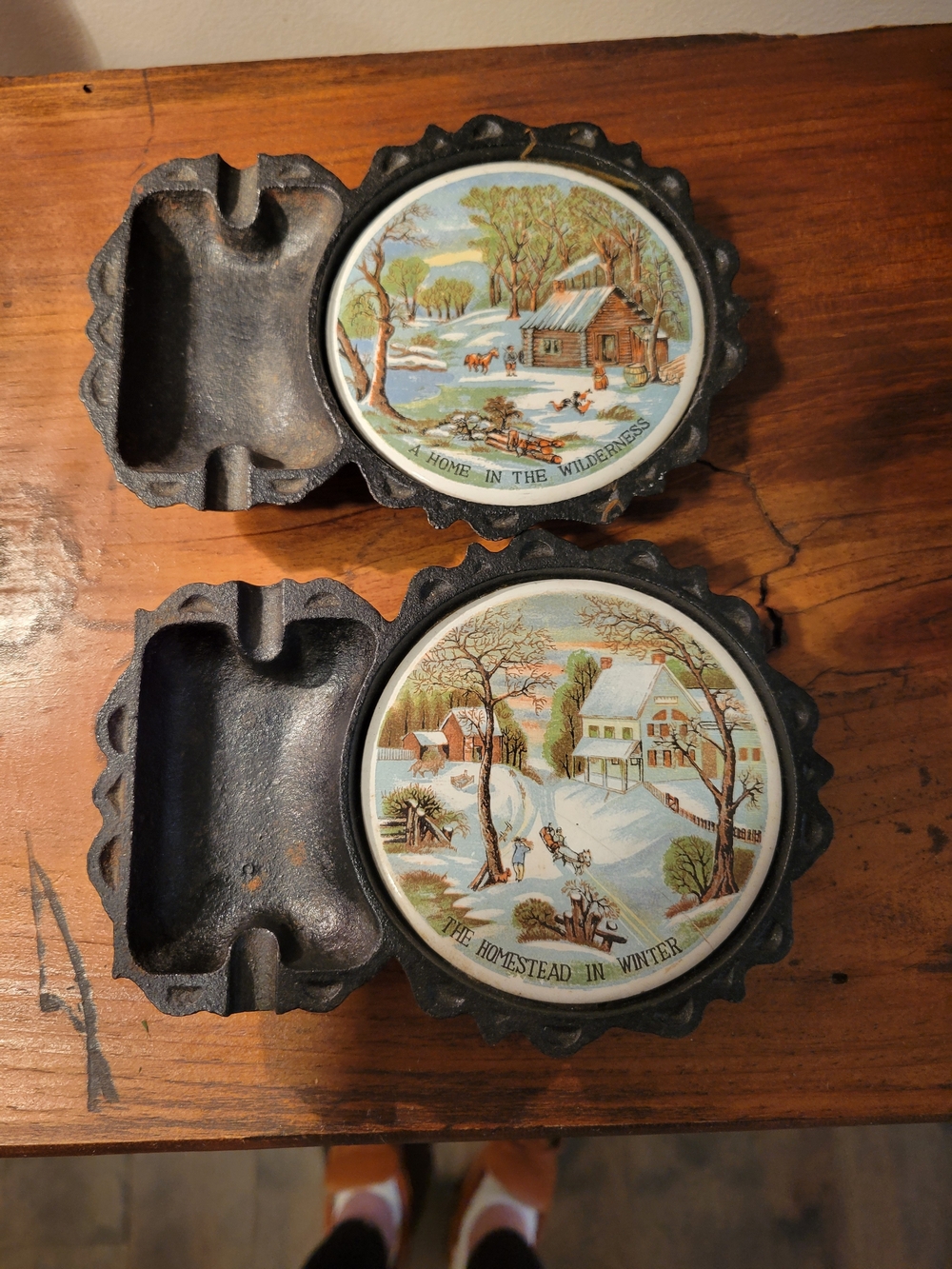 Vintage 1950s Cast Iron & Ceramic Coaster Ashtray Combo Set (Set of 2)
